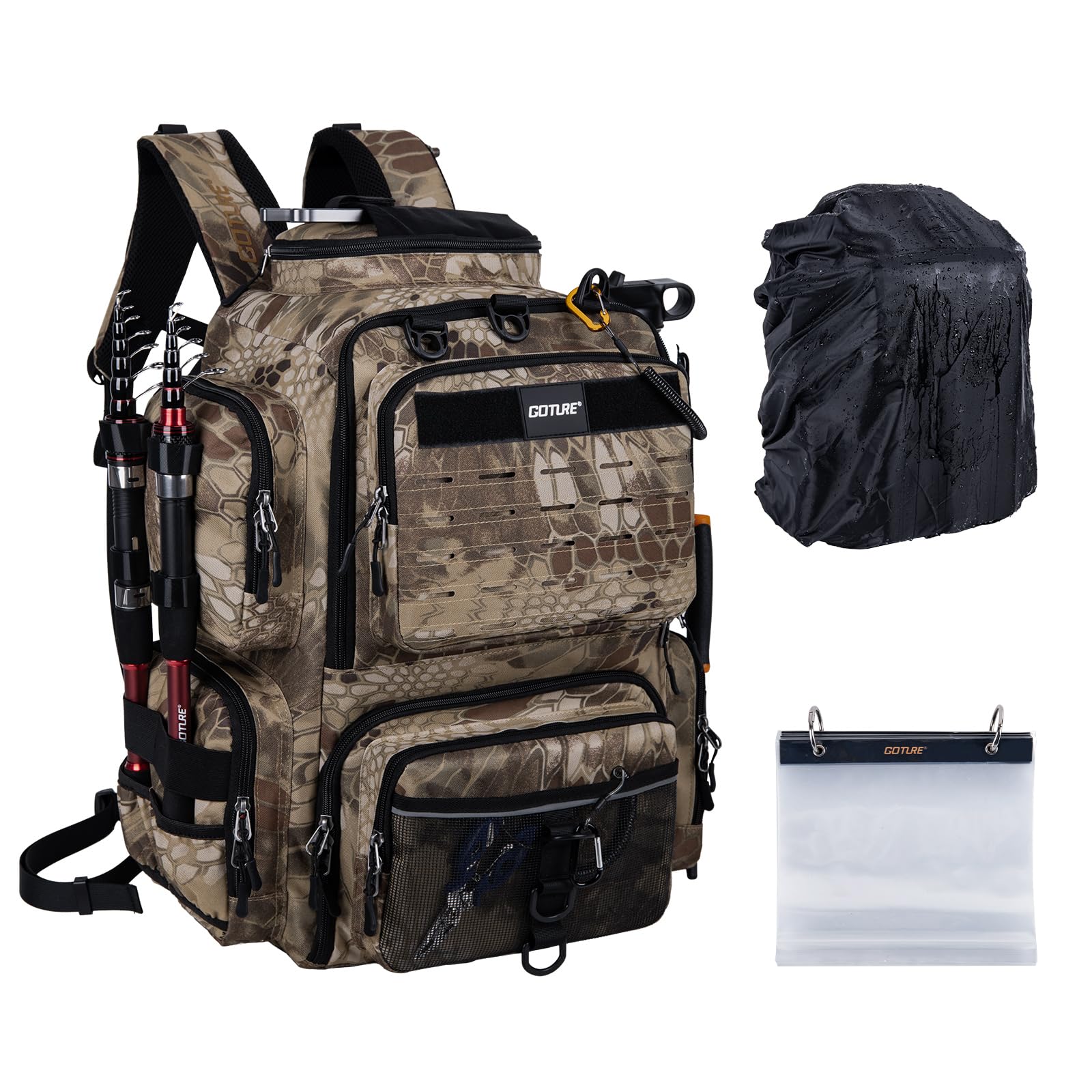 [Goture] ゴチュール 多機能リュック 900D カモフラージュG 撥水加工 釣り道具収納 ソフトルアー袋・レインカバー付属 アウトドア リュックサック タックルバッグ 登山 ギフト 父の日