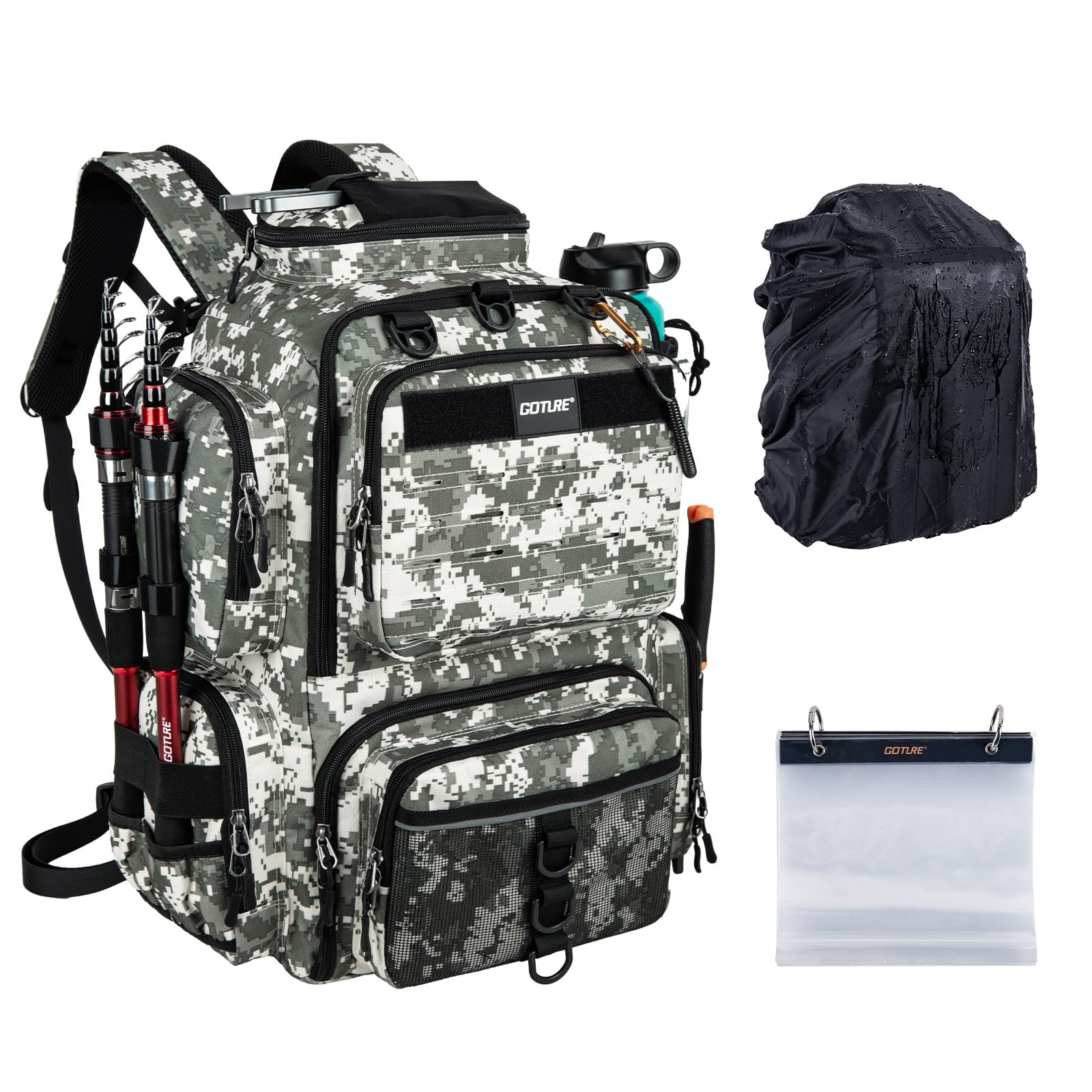 [Goture] ゴチュール 多機能リュック 900D カモフラージュG 撥水加工 釣り道具収納 ソフトルアー袋・レインカバー付属 アウトドア リュックサック タックルバッグ 登山 ギフト 父の日