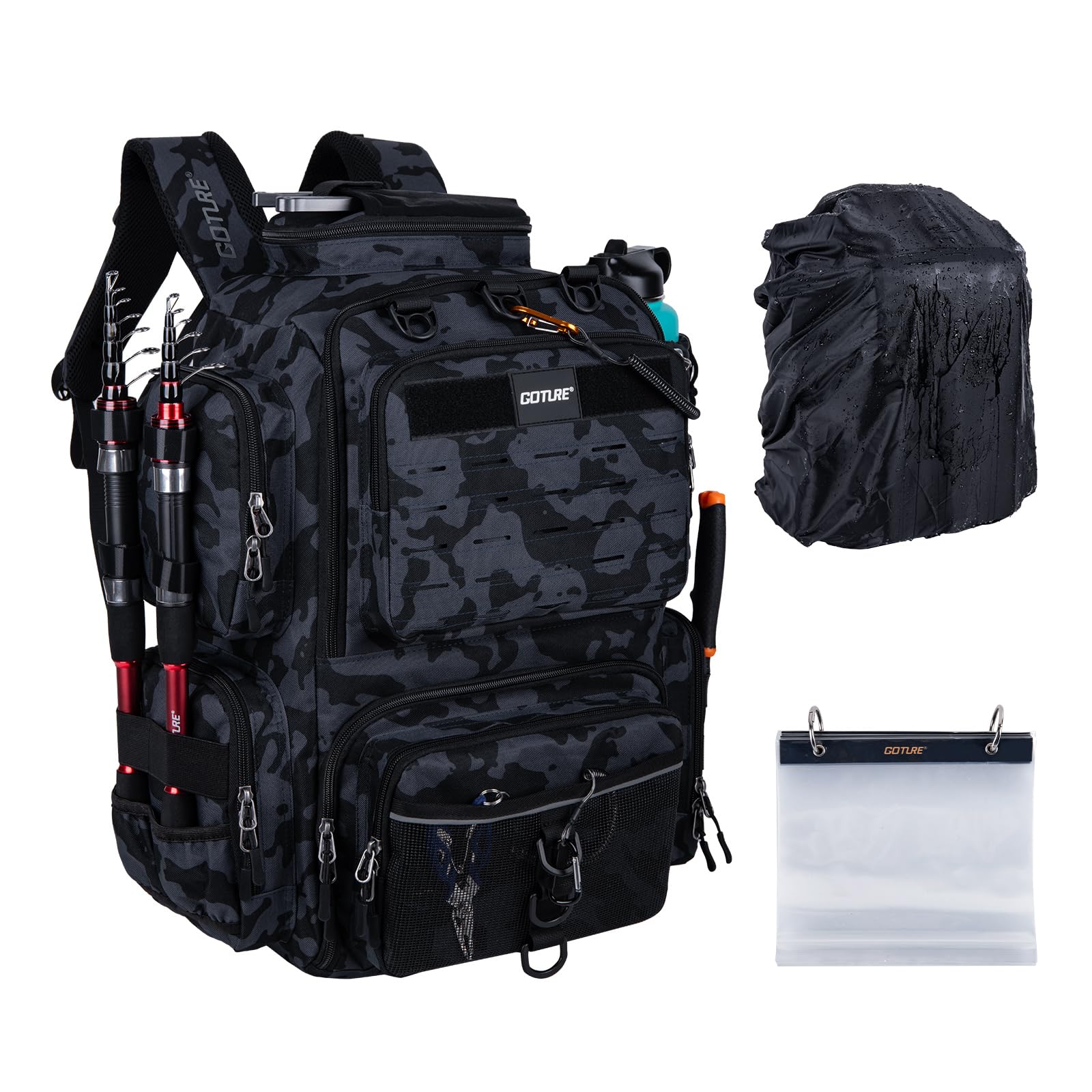 [Goture] ゴチュール 多機能リュック 900D カモフラージュG 撥水加工 釣り道具収納 ソフトルアー袋・レインカバー付属 アウトドア リュックサック タックルバッグ 登山 ギフト 父の日