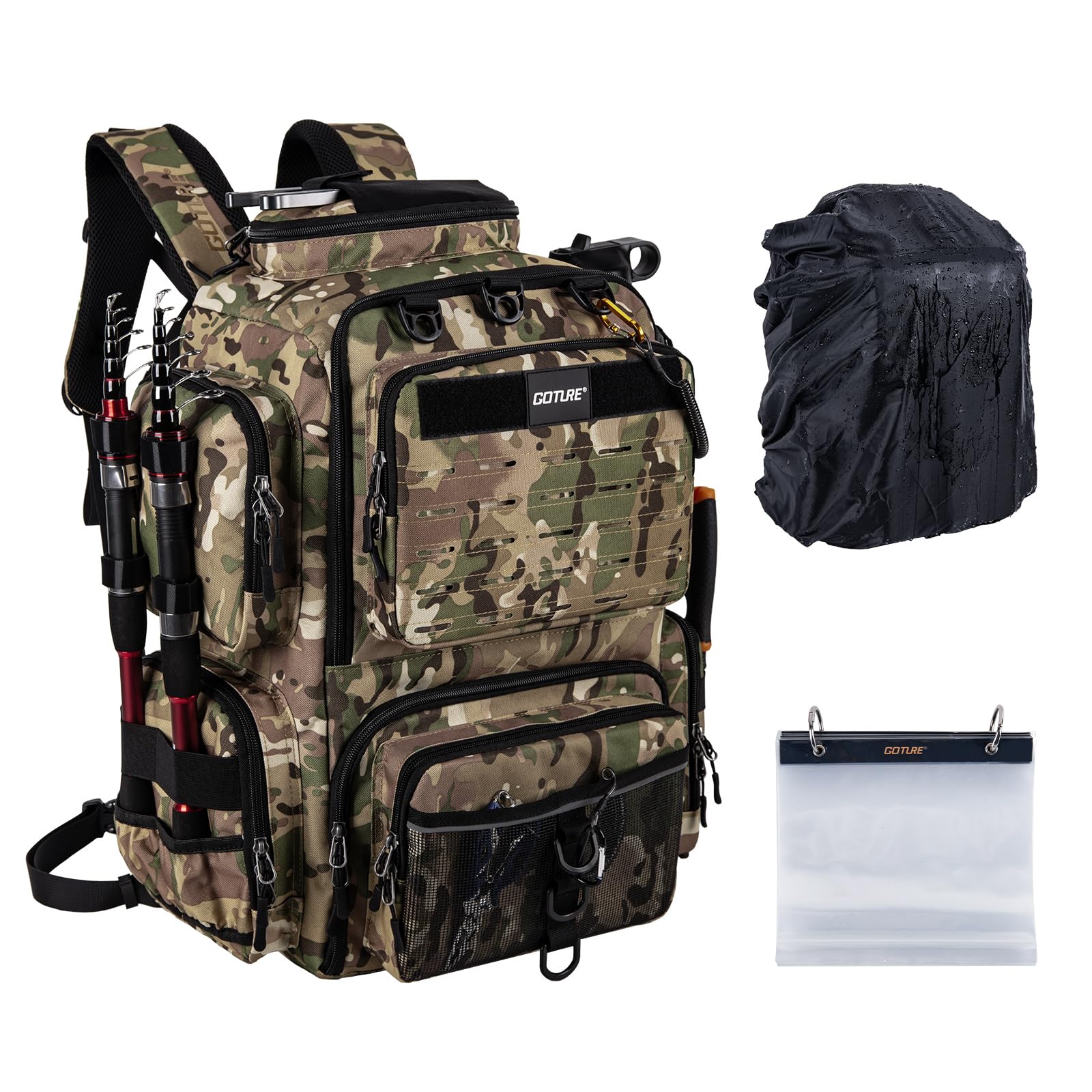 [Goture] ゴチュール 多機能リュック 900D カモフラージュG 撥水加工 釣り道具収納 ソフトルアー袋・レインカバー付属 アウトドア リュックサック タックルバッグ 登山 ギフト 父の日