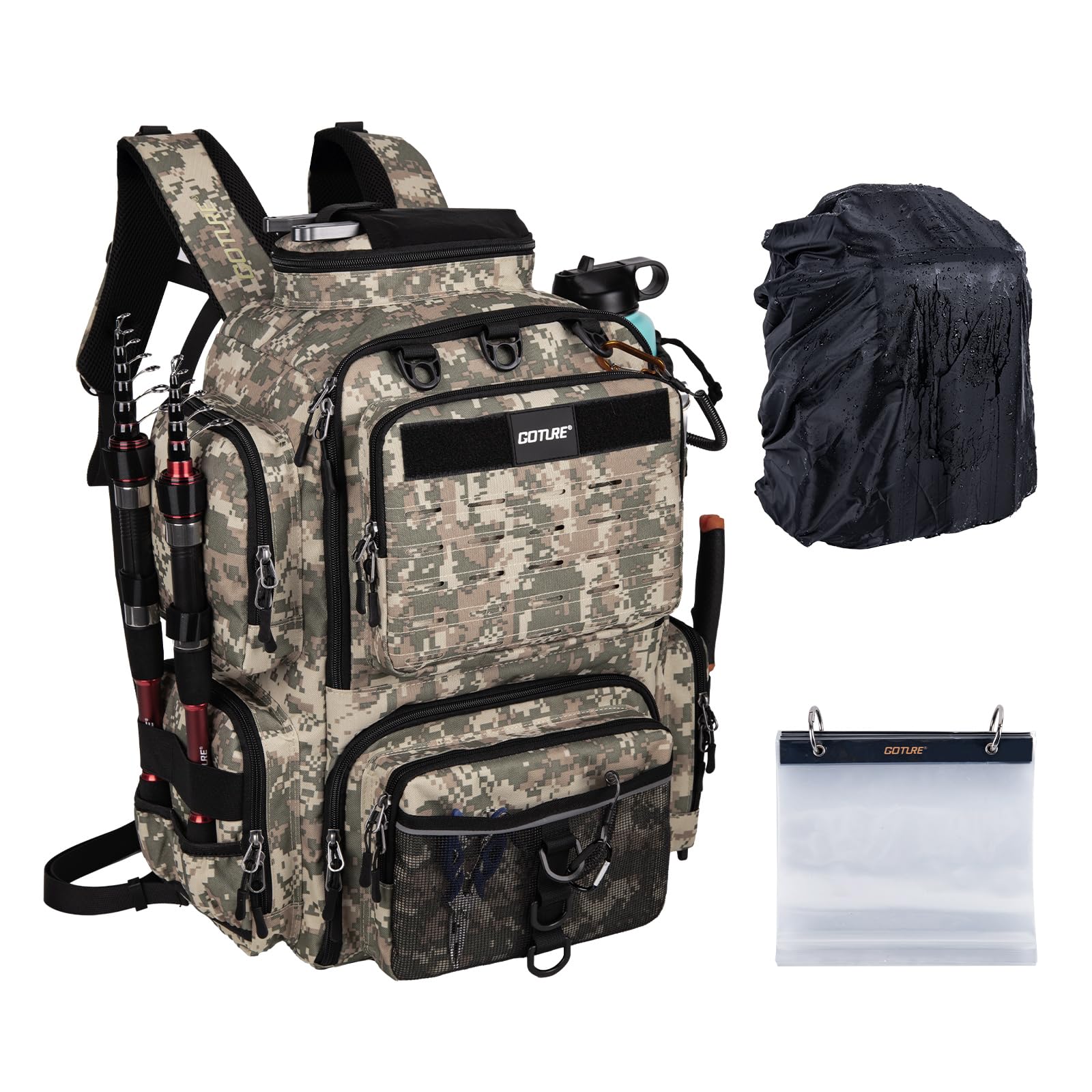 [Goture] ゴチュール 多機能リュック 900D カモフラージュG 撥水加工 釣り道具収納 ソフトルアー袋・レインカバー付属 アウトドア リュックサック タックルバッグ 登山 ギフト 父の日
