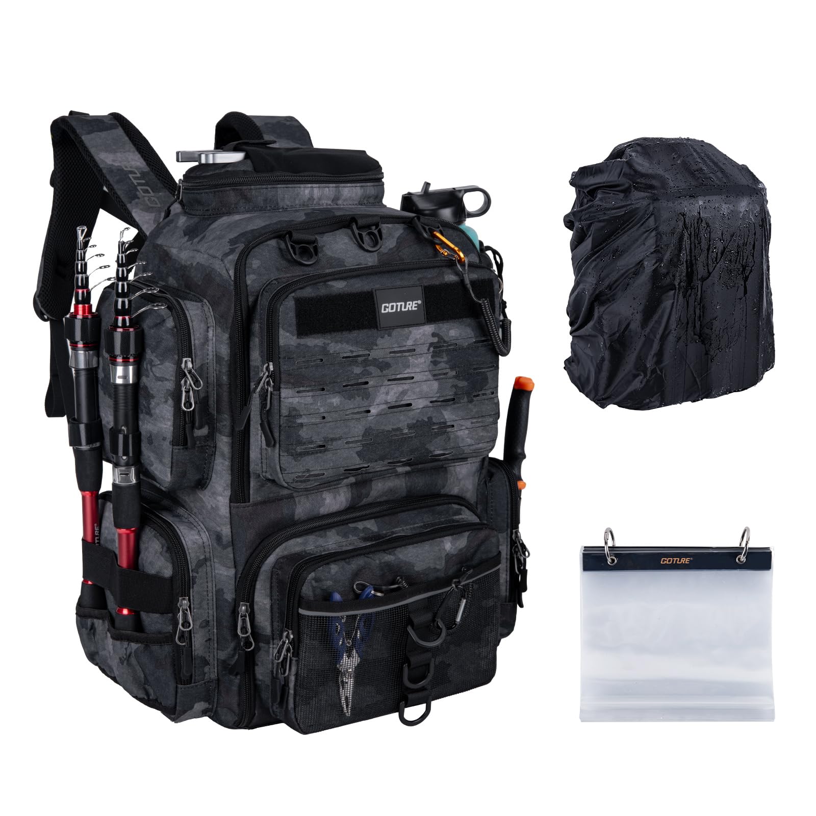 [Goture] ゴチュール 多機能リュック 900D カモフラージュG 撥水加工 釣り道具収納 ソフトルアー袋・レインカバー付属 アウトドア リュックサック タックルバッグ 登山 ギフト 父の日