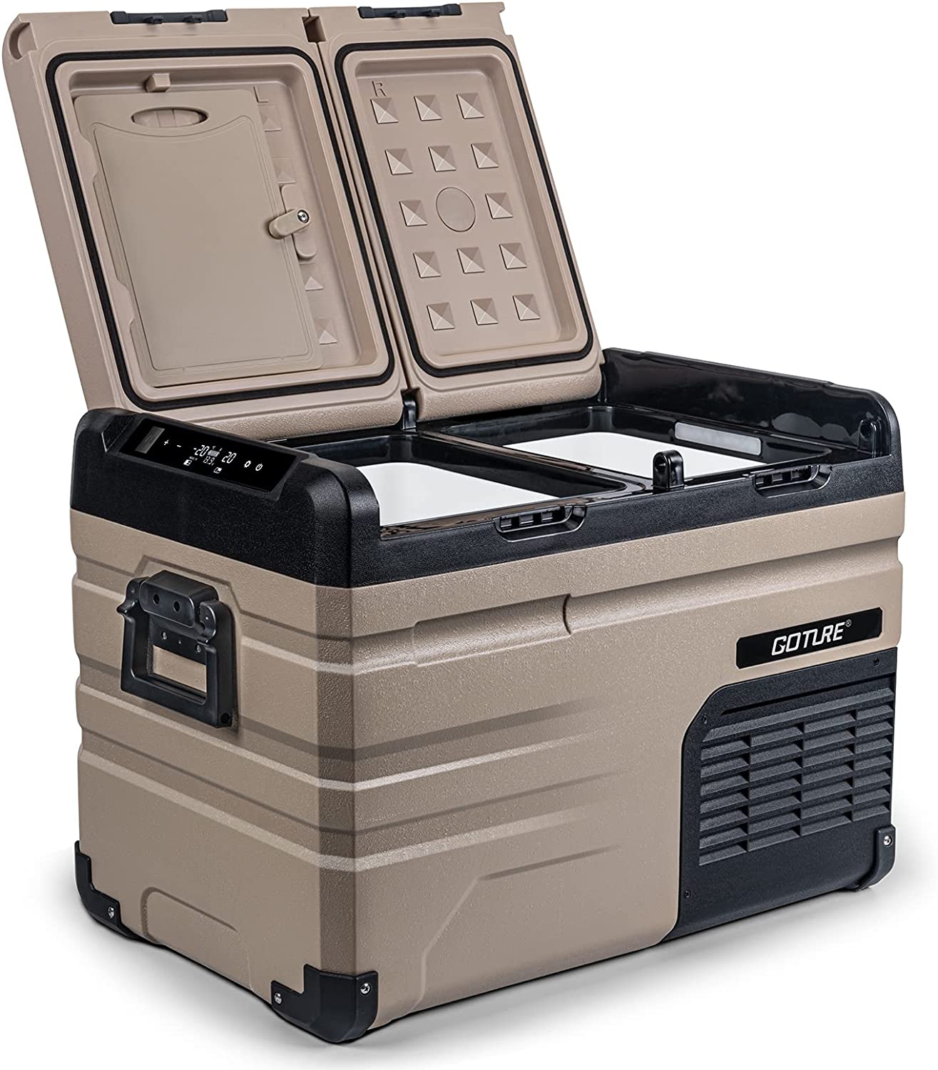 Goture 45L 車載冷蔵庫 2ウェイドアー 大容量 バッテリー内蔵可能 2室独立温度制御 静音 高効率 省エネ 4WAY電源対応 急速冷凍 コンプレッサー式 ポータブル冷蔵庫 電源保護モード 車中泊 キャンプ 家庭停電適用 業務用