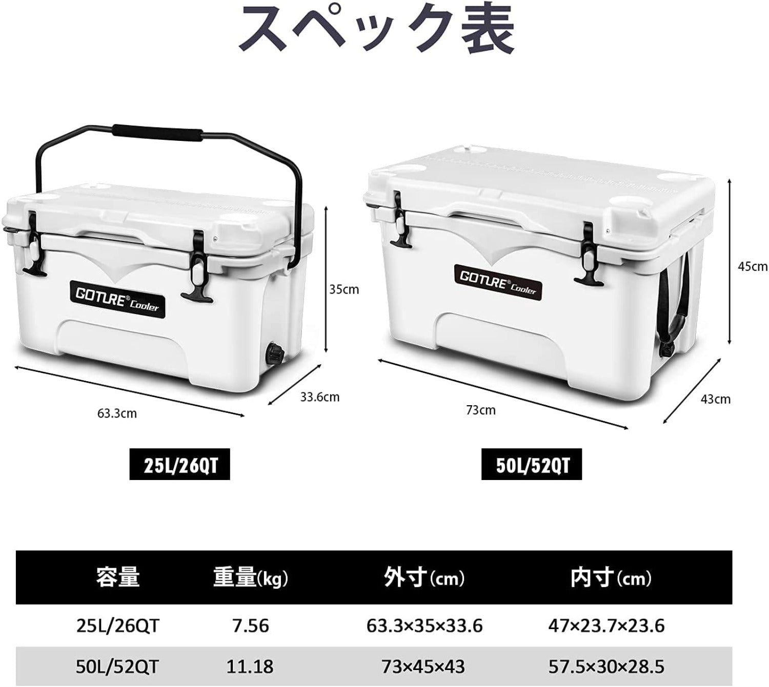 Goture(ゴチュール)クーラーボックス 25L/50L 保冷力3-5日 極厚断熱材 密閉 長時間 保冷 キャンプ道具 BBQ 釣り アウトドア レジャー 災害 大容量 ホワイト