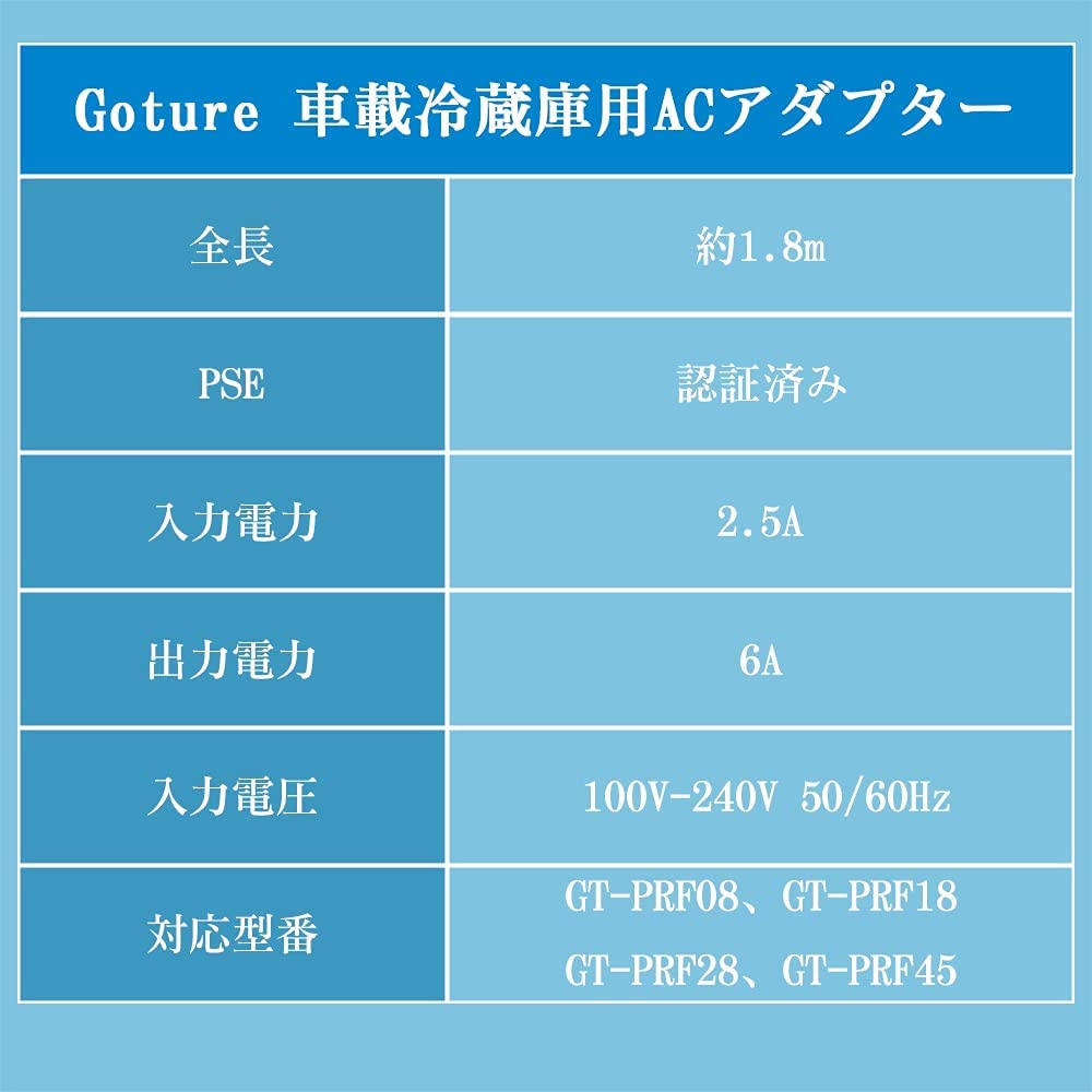 Goture 車載冷蔵庫用ACアダプター 汎用 ACコード PSE取得済み AC100V-240V 約1.8M