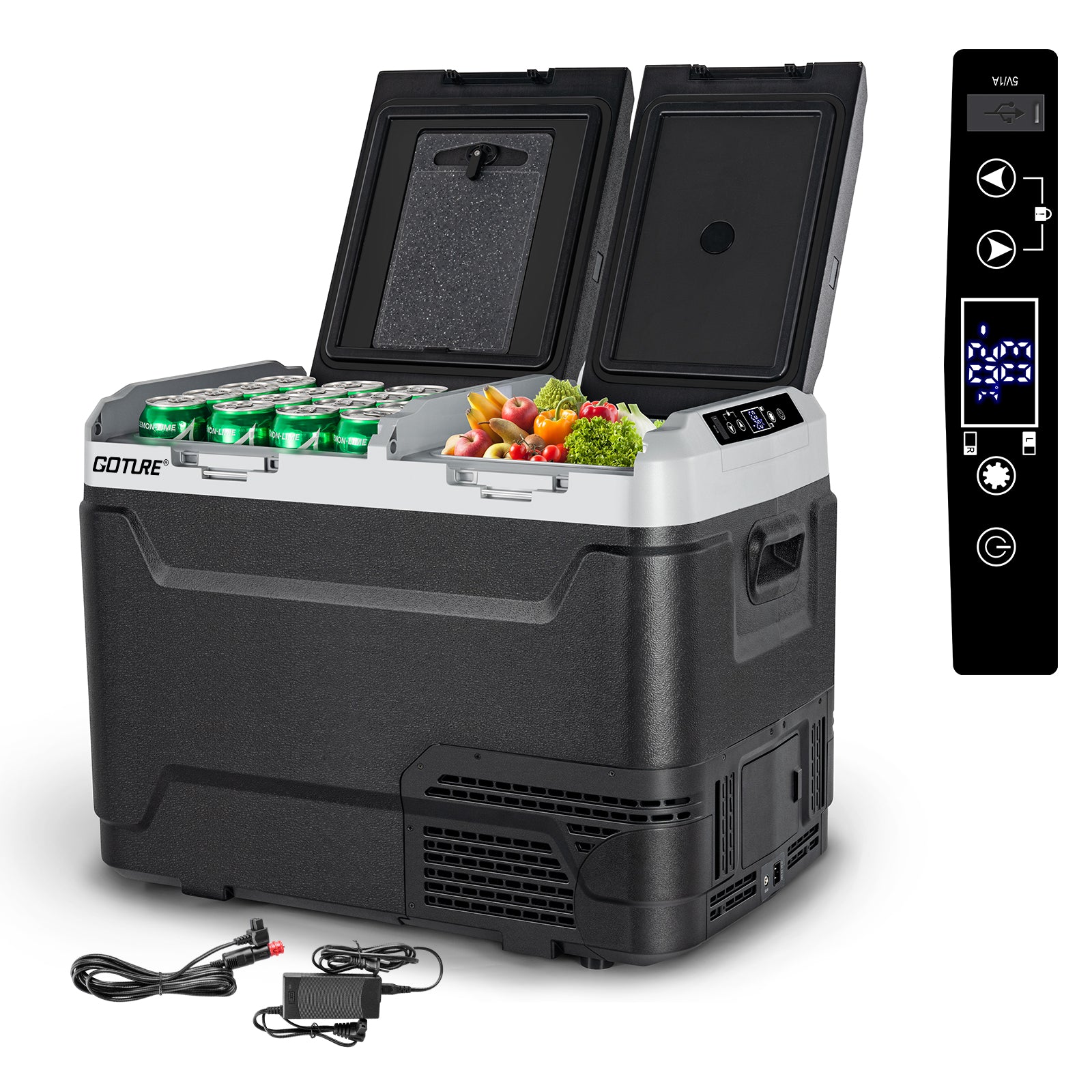 Goture 40L車載冷蔵庫 -20℃～+20℃ 調整【2蓋2室独立温度制御・バッテリー内蔵可能】アプリ遠隔操作可能 庫内灯付き AC100V DC12V/24V 4WAY電源対応 ポータブル冷蔵庫 急速冷凍 静音 省エネ 車載家庭両用 車中泊 キャンプ 釣り 災害時に大活躍 【GT-PRF40 】