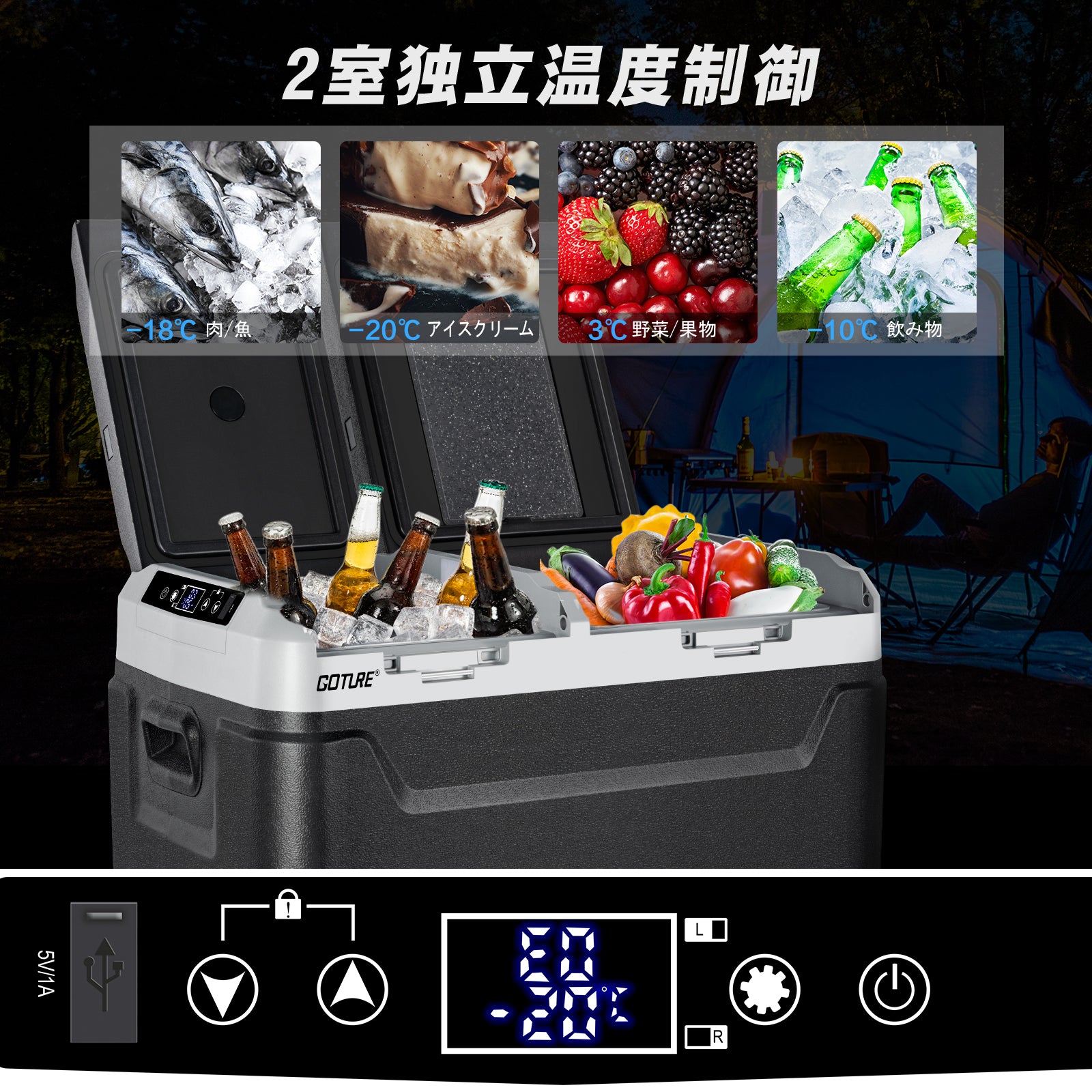 Goture 40L車載冷蔵庫 -20℃～+20℃ 調整【2蓋2室独立温度制御・バッテリー内蔵可能】アプリ遠隔操作可能 庫内灯付き AC100V DC12V/24V 4WAY電源対応 ポータブル冷蔵庫 急速冷凍 静音 省エネ 車載家庭両用 車中泊 キャンプ 釣り 災害時に大活躍 【GT-PRF40 】