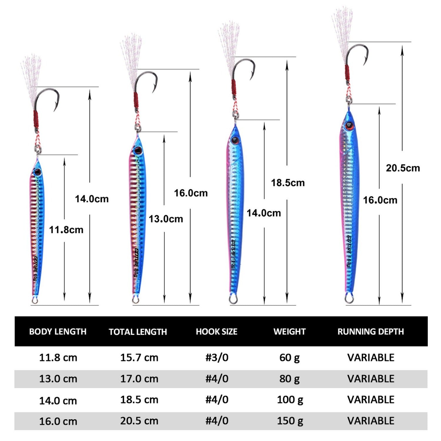 Goture 60/80g Metal Vertical Lead Offshore Jigging Lures Set, 4pcs